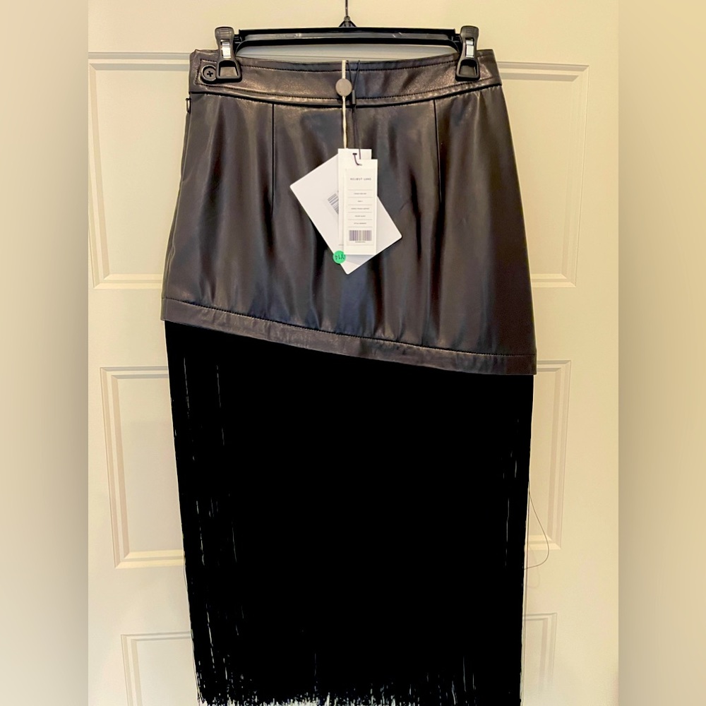 Brand new w/tags never worn Helmut Lang A-Line Leather Mini Skirt Long Fringe He